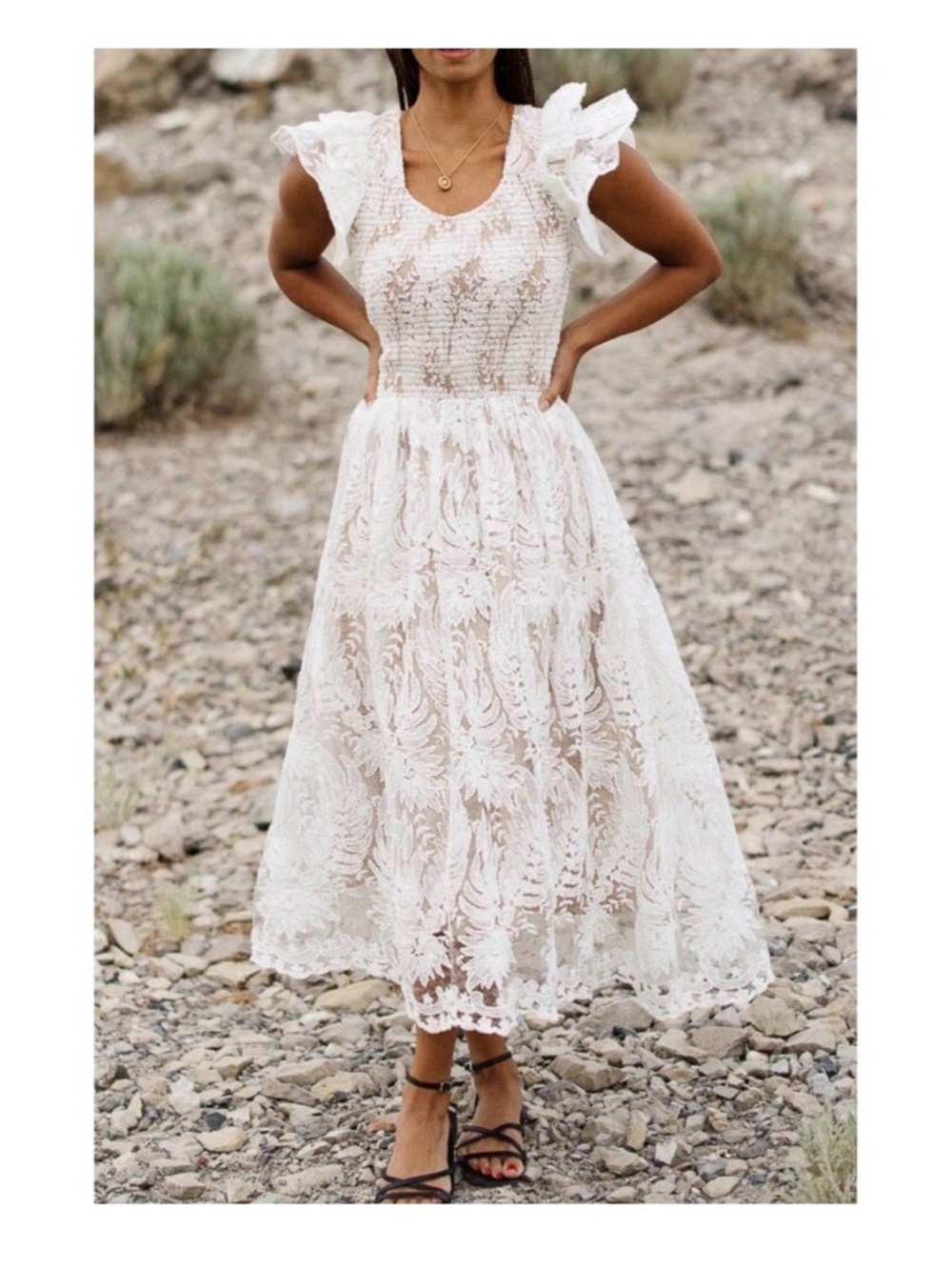 Hattie dress from Ivy City Co White Lace Midi Dress with Flutter Sleeves